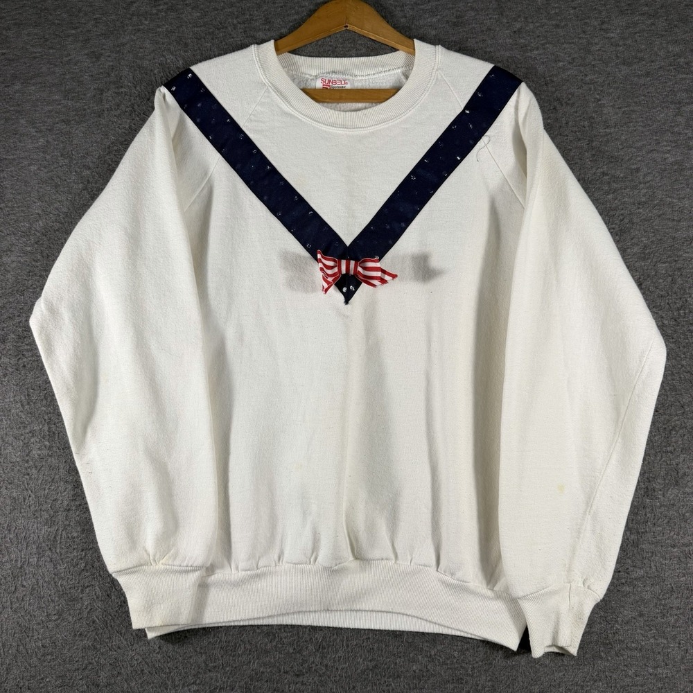 Vintage 80s Sunbelt Sweatshirt Navy Ribbon Red Bow USA Made Patriotic Granny L